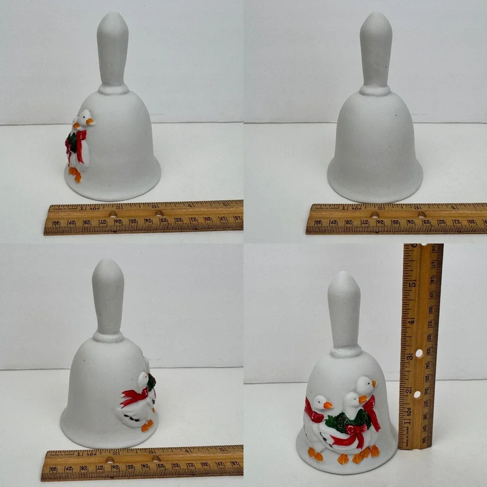 Vtg White Ceramic Unglazed Christmas Holiday Goose Hand Bell 3D Red Green READ